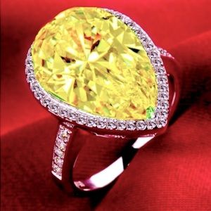 Sterling Silver Pear Shape Yellow Sim Diamond w/accents Ring NEW